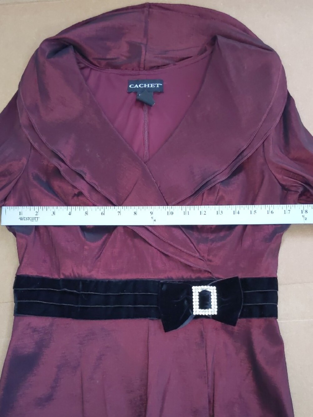 Cachet Burgundy Satin Blouse with Black Velvet Rhinestone Belt - Picture 5 of 8